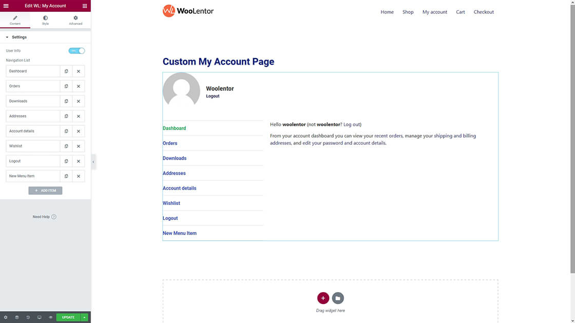 woocommerce my account page