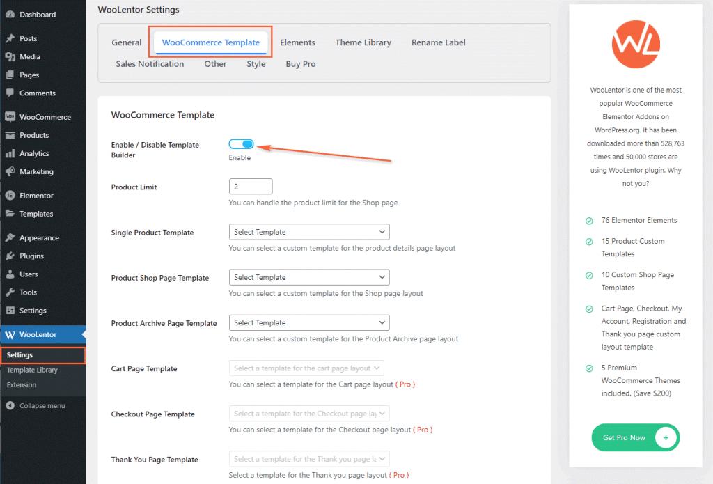 WooLentor settings page
