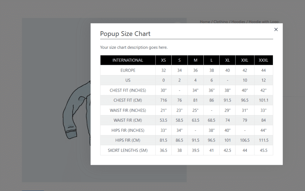 Size Guide Popup