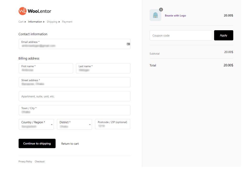 Woocommerce Checkout like Shopify - WooLentor