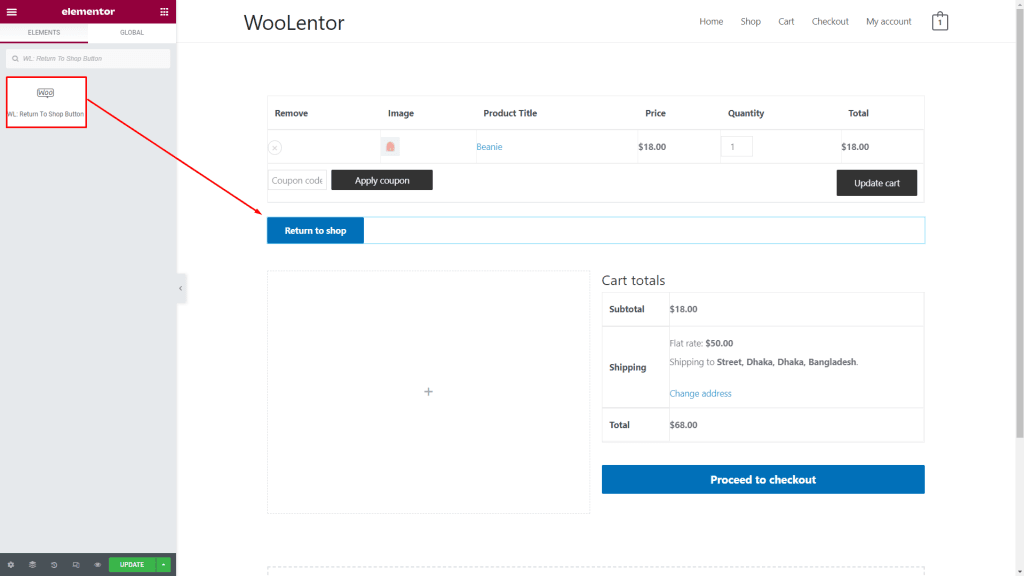 WooLentor Empty Cart Redirect Button Widget Drag