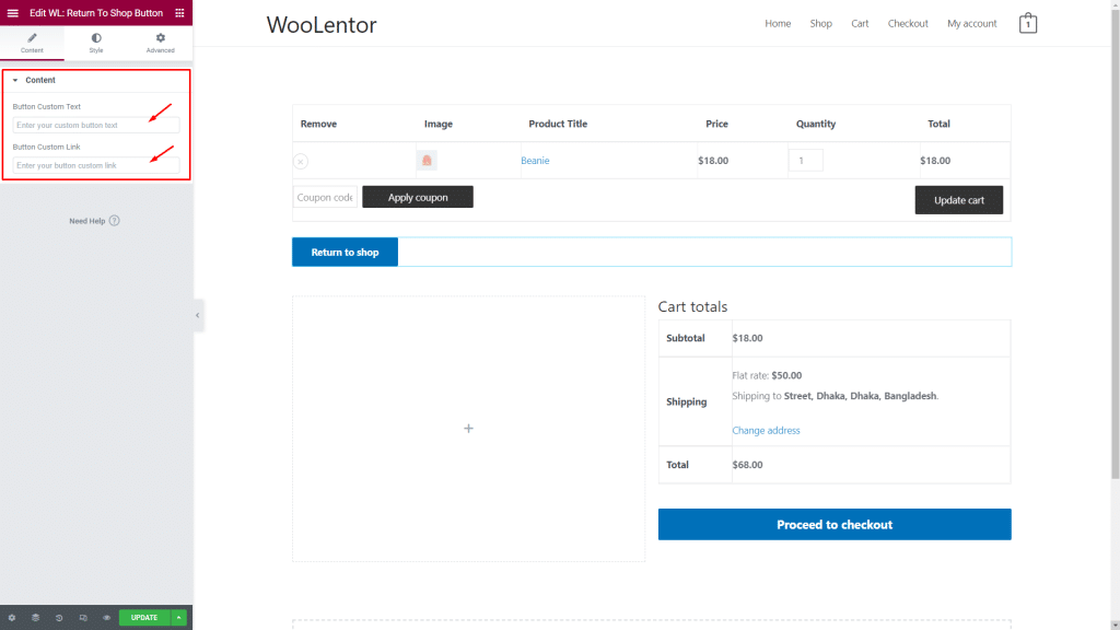 WooLentor Empty Cart Redirect Button Widget Setting