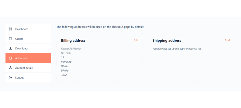 Address management screen with sections for billing and shipping addresses and options to add or edit them.