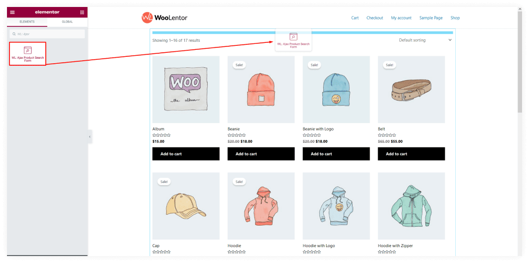 Drag and drop the ajax product search widget
