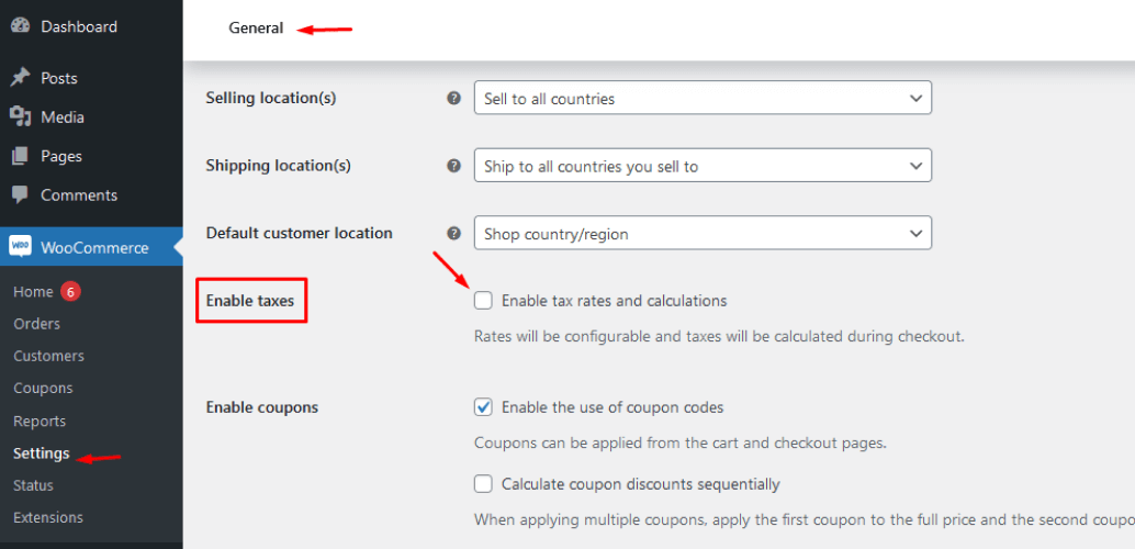 Move to General Tab and Enable Taxes
