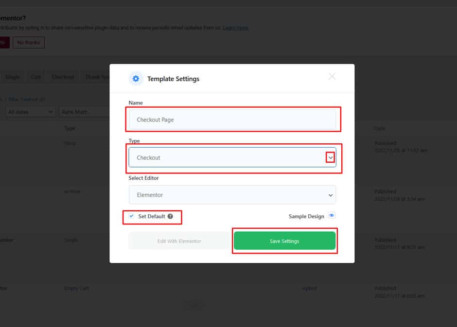 Checkout Page Template Settings