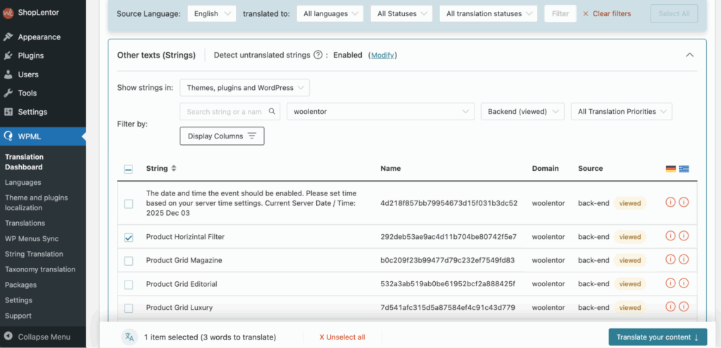 WPML > Translation Dashboard