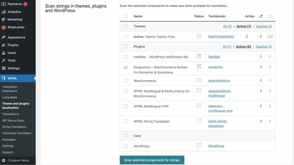 Click Scan selected components for strings.