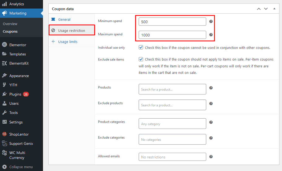 Minimum/maximum spend