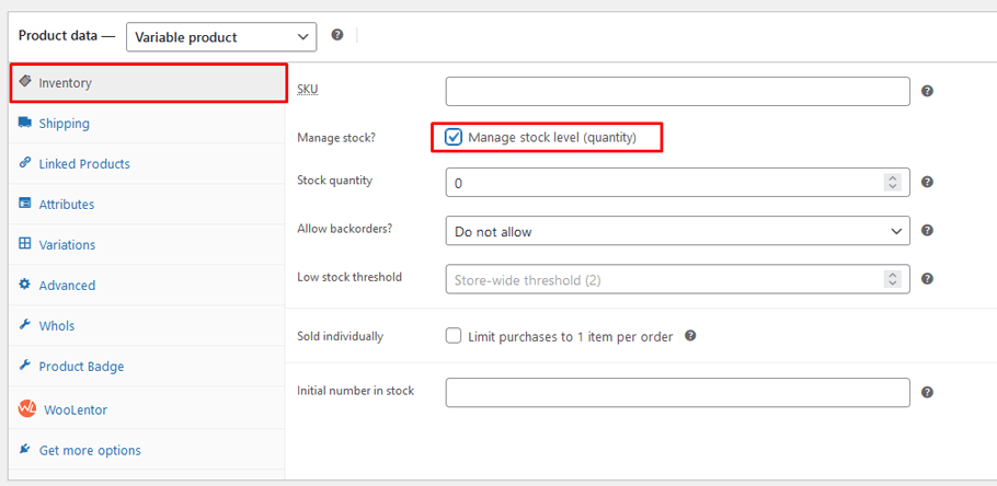 customize stock settings for individual products
