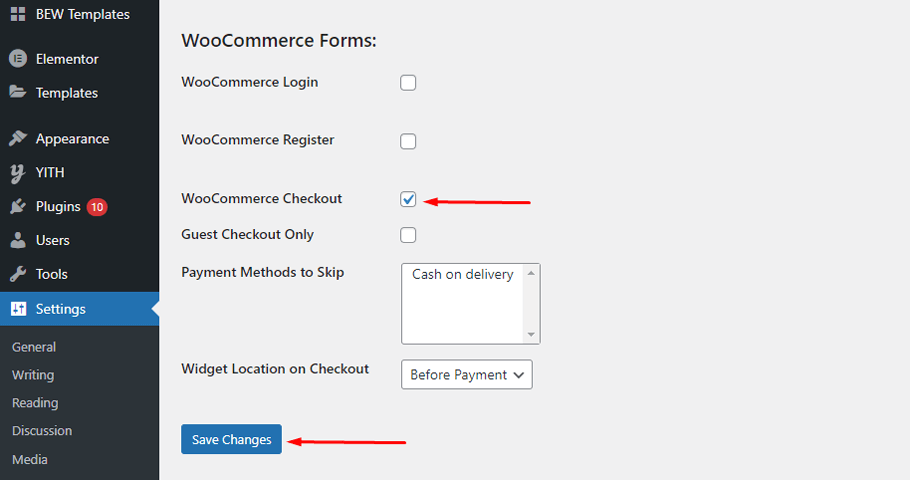 Check the 'WooCommerce Checkout' and click 'Save Changes’ 
