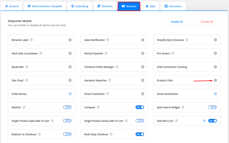 Click on Product Filter Settings