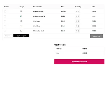 Minimal spreadsheet-style cart with compact rows, small product images, and a magenta 'Proceed to checkout' button beneath cart totals.