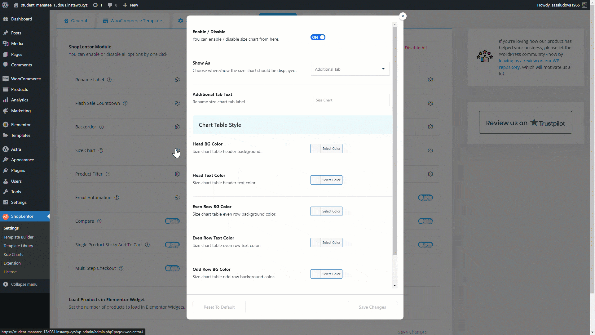 Set Up Product Settings - Size Chart