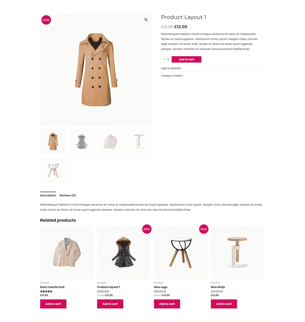 E-commerce product page layout featuring a brown coat with related product suggestions