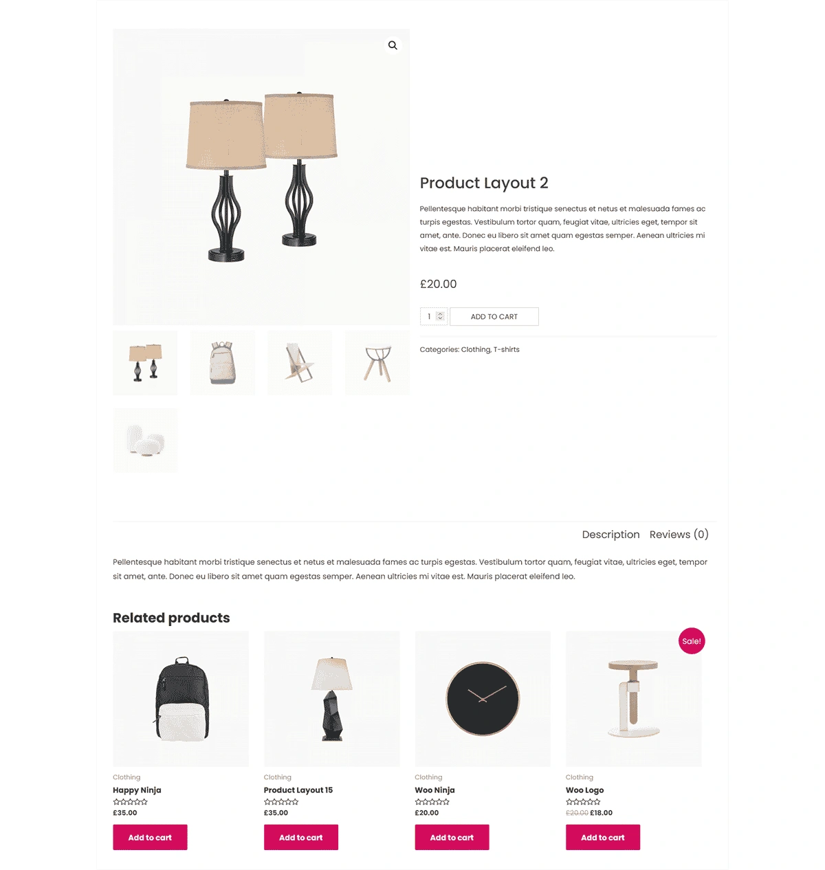 Product page layout displaying a table lamp with related home items below