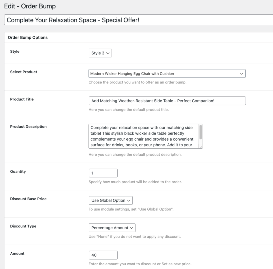 ShopLentor order bump configuration panel showing side table upsell for hanging egg chair with 40% discount settings
