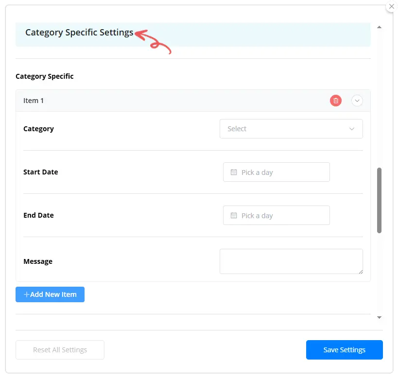 Category Specific Settings - Store Vacation