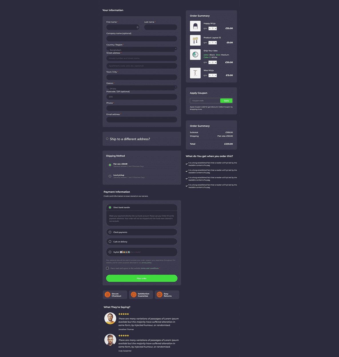 Dark-themed checkout layout with white text fields, a vivid green call-to-action button, compact order summary on the right, and user testimonials at the bottom.