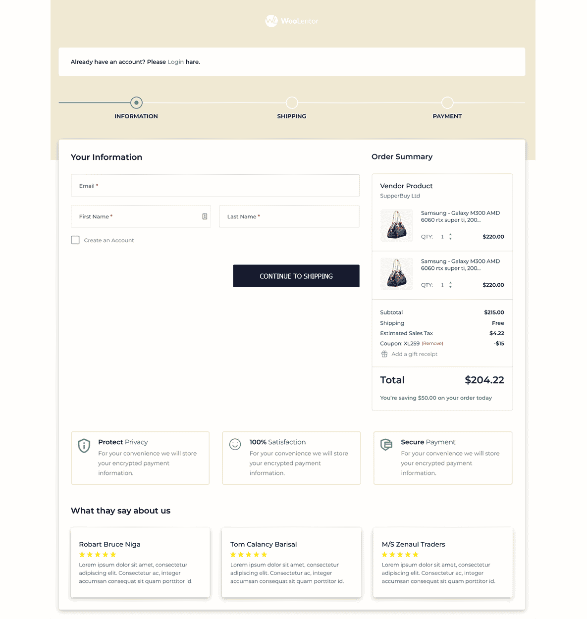 Horizontal checkout layout with tabbed steps (Information, Shipping, Payment), showing a clean two-column design featuring a form on the left and detailed order summary with product thumbnails, pricing, and testimonials on the right.