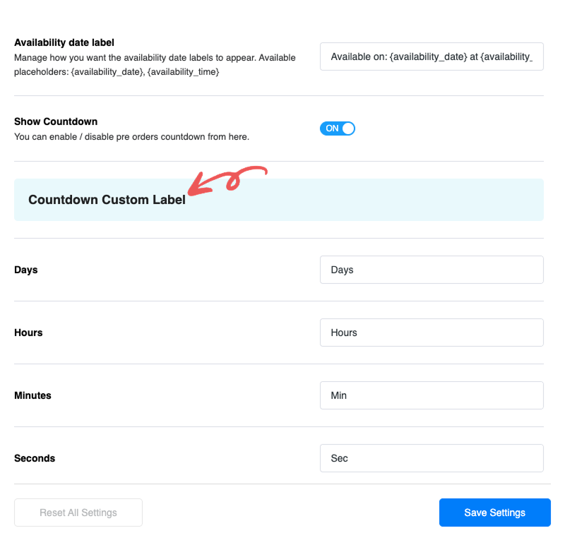 ShopLentor pre-order module configuration panel with enable/disable toggle, button text field, price label settings, and countdown options