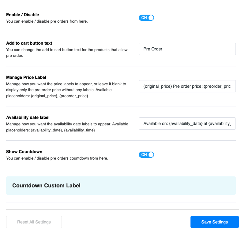 WooCommerce pre-order countdown settings interface showing customization options for availability date labels and timer unit labels