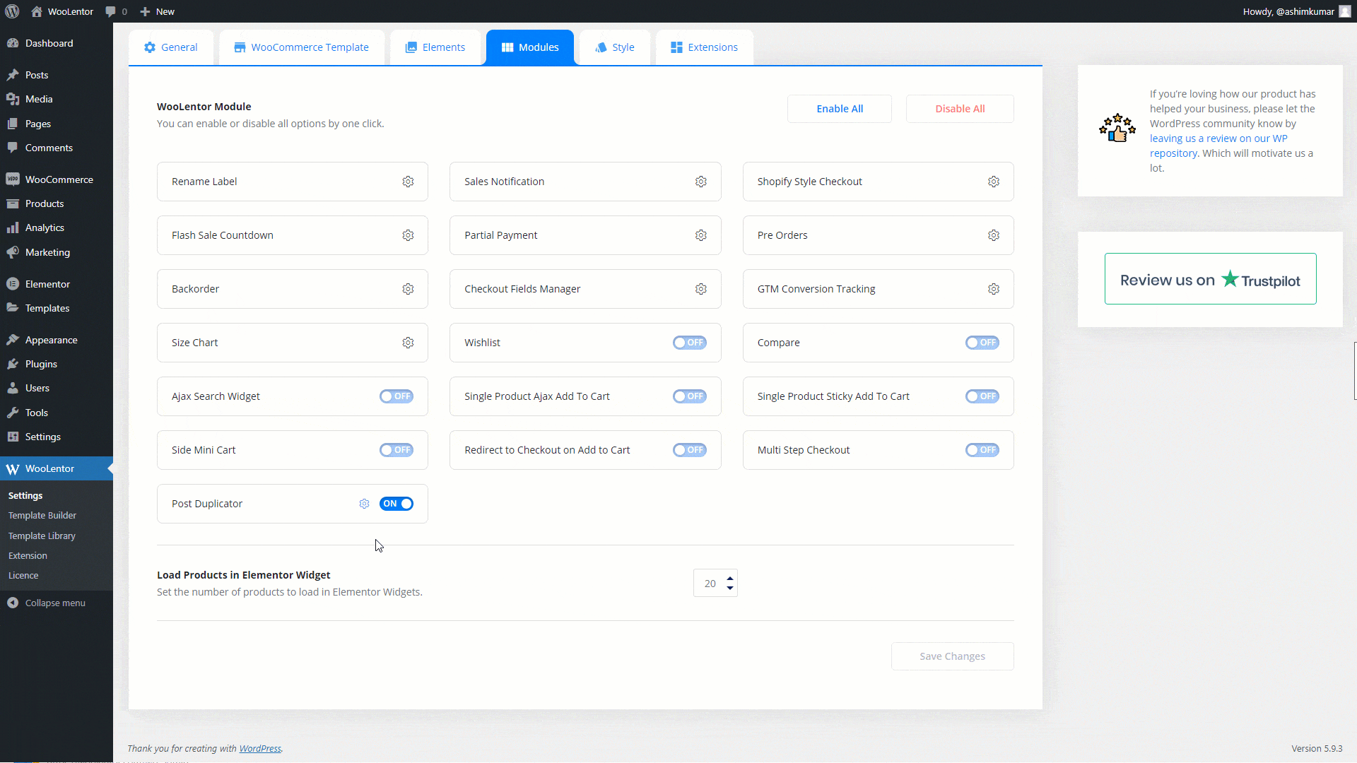 WooCommerce product list showing duplicated items with the Post Duplicator module enabling quick content replication while preserving all product data and attributes