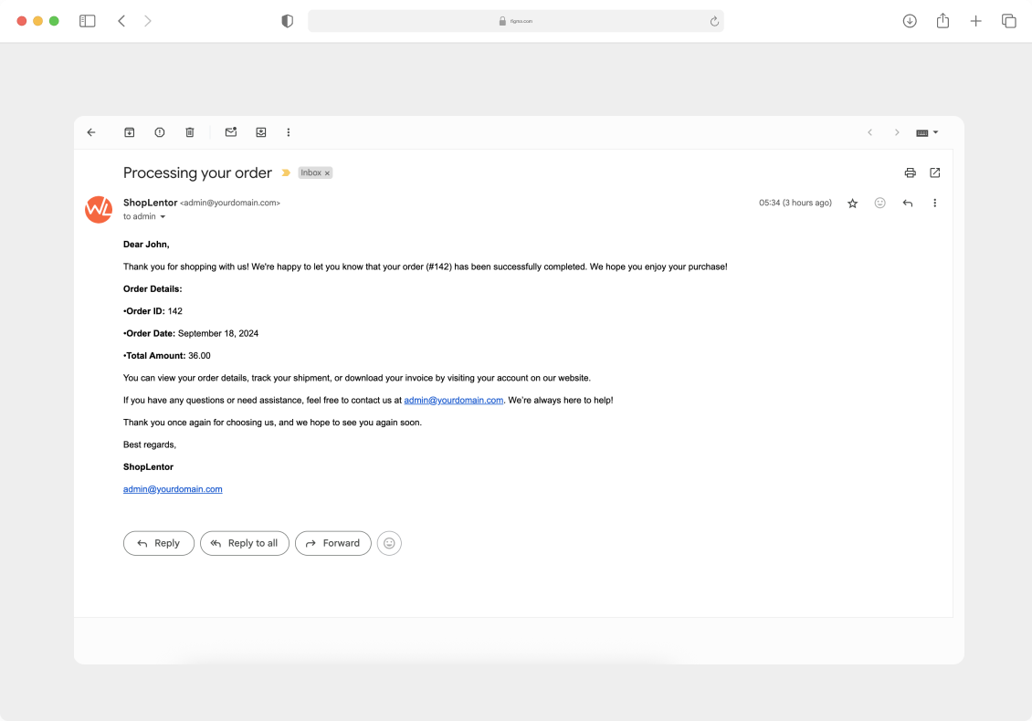 ShopLentor Email Automation module preview showing customized order confirmation email with order details, customer information, and branded messaging for seamless post-purchase communication