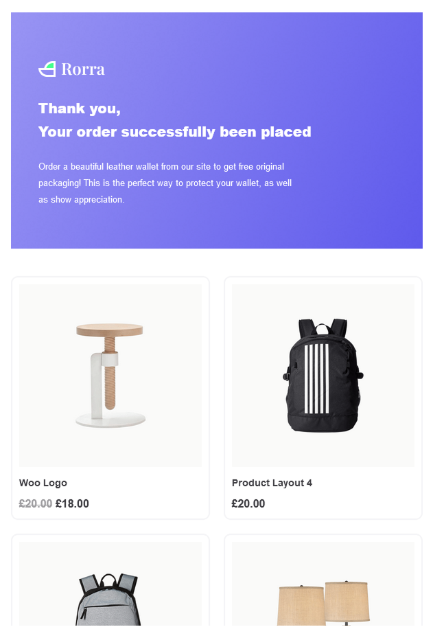 Bright, modern order confirmation email in purple tones with a thank you message, product images, and promotional text.