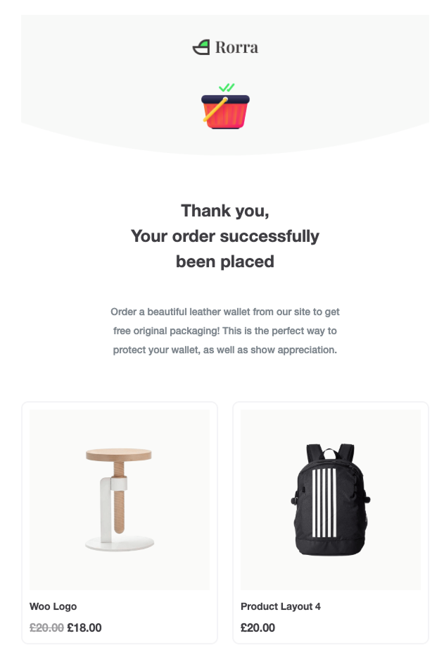 Minimalist order confirmation email with product images, thank you message, and a white background featuring the Rorra logo.