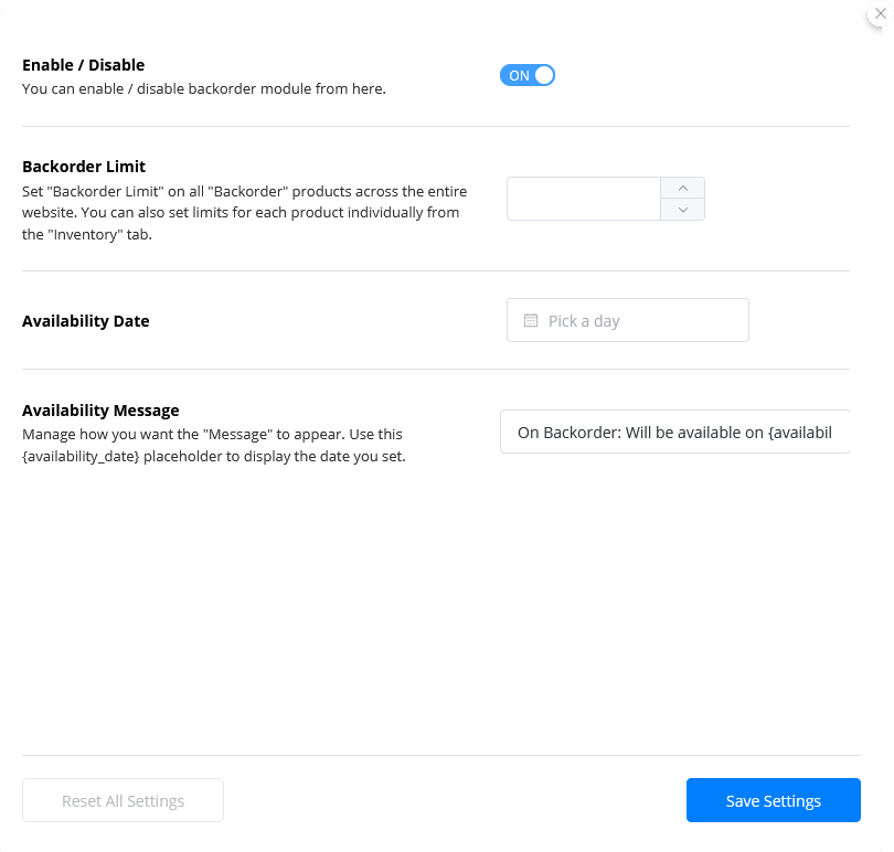Global Settings - Backorder