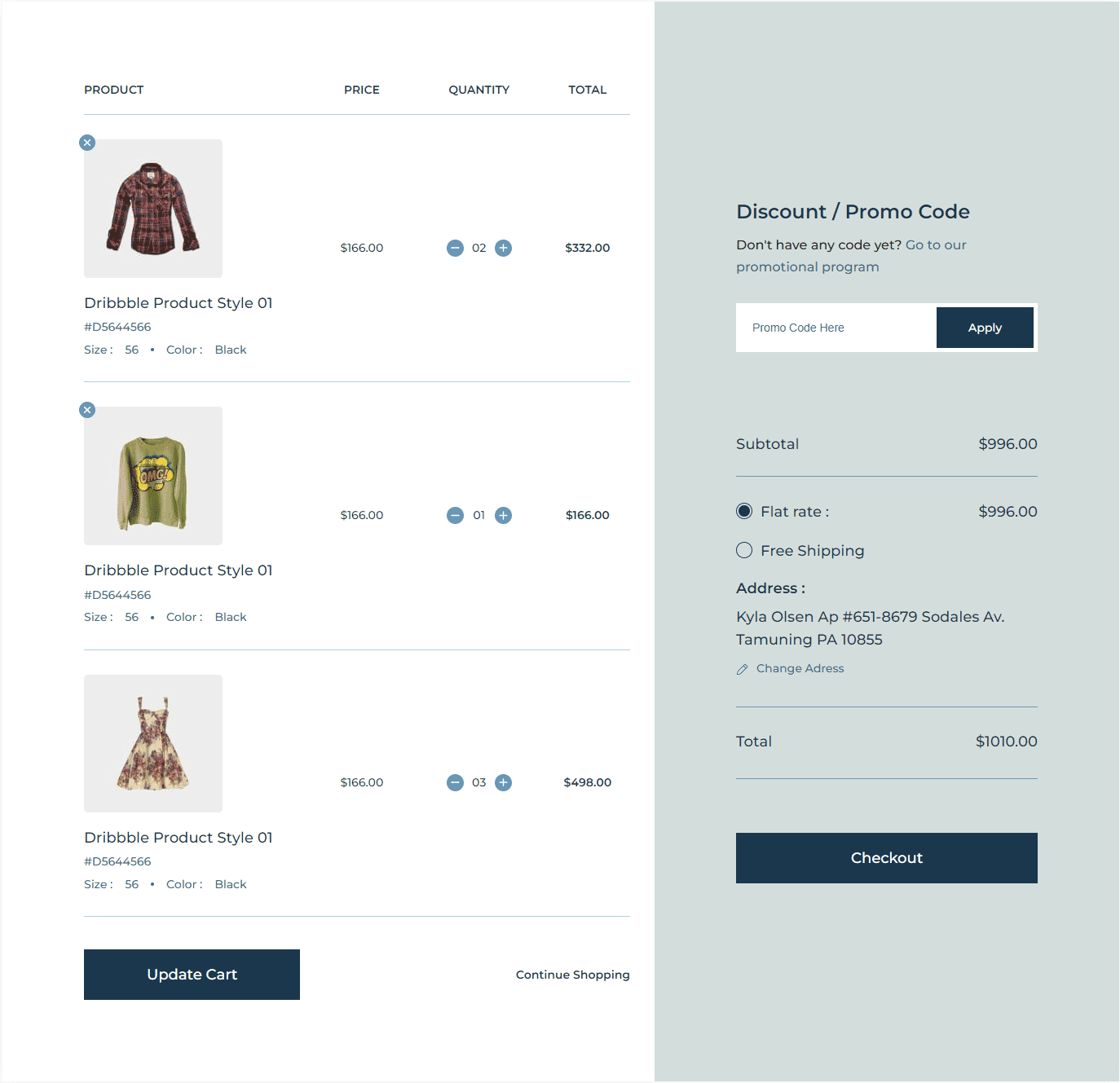 Cart page showing a vertical list of products with quantity selectors, a blue checkout section on the right featuring discount code input and order summary.