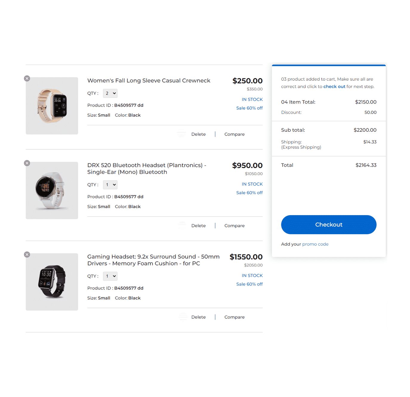 Compact and modern cart template with product thumbnails, pricing details, and blue checkout button on the right.
