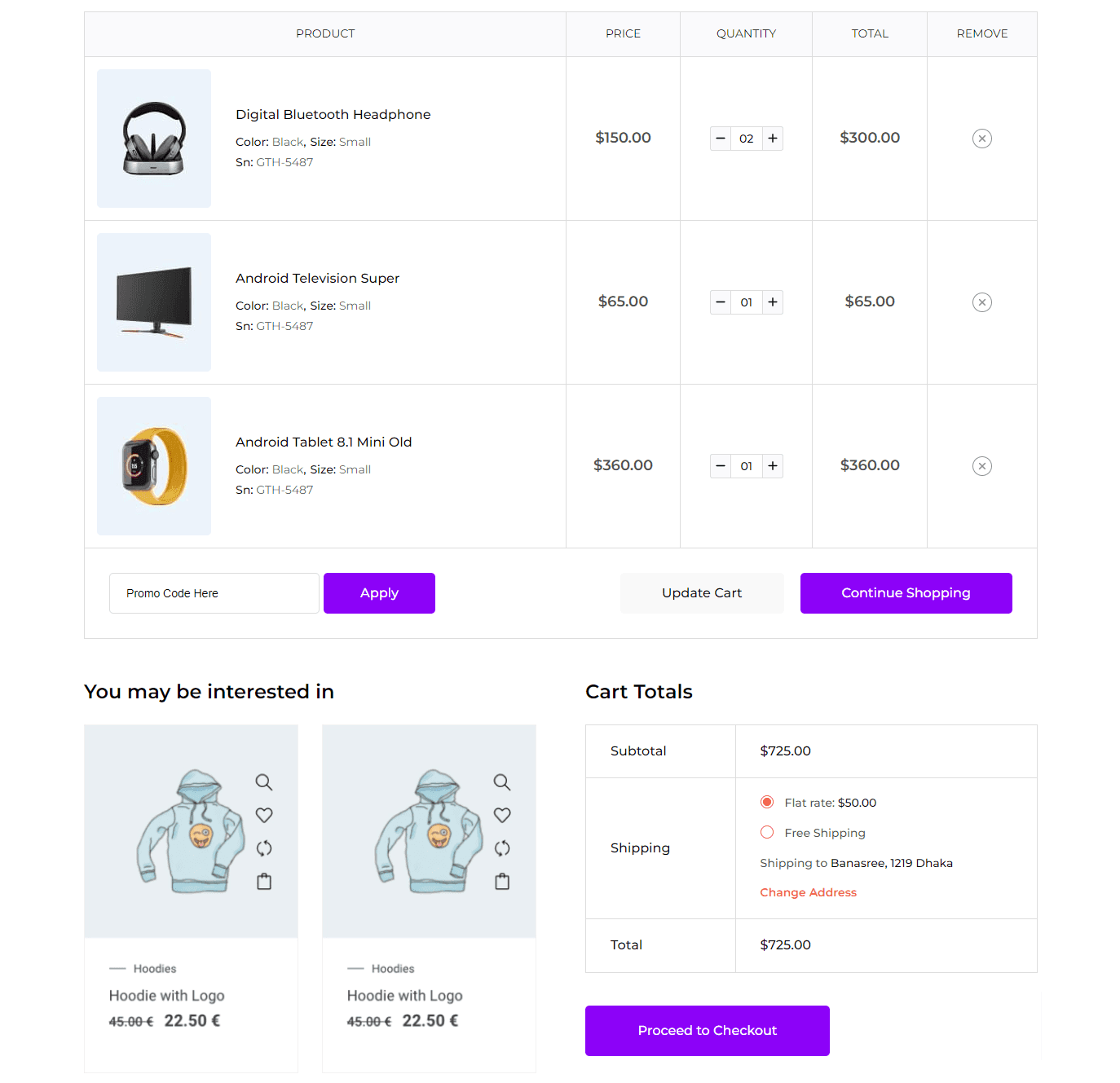 Modern grid-style cart with purple highlights, dual checkout buttons, and a 'You may be interested in' section below.