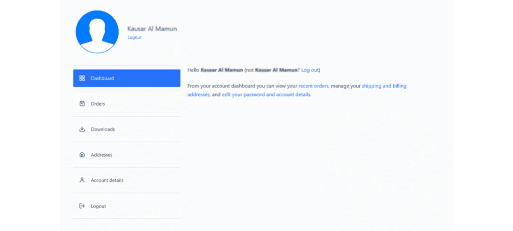 Custom account dashboard interface showing user avatar and navigation menu including Dashboard, Orders, Downloads, Addresses, and Logout.