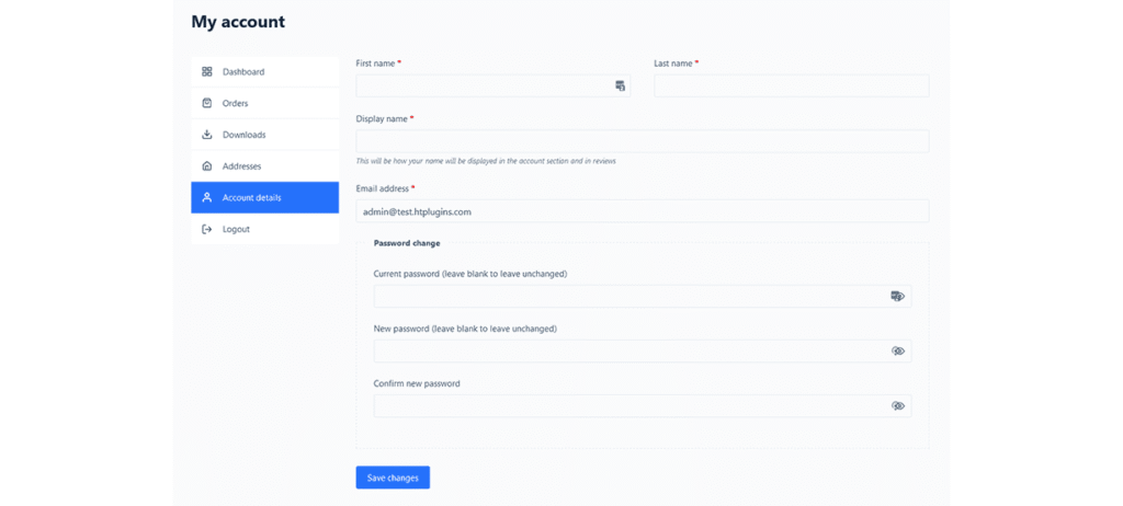 Account details form allowing users to update personal information like name, email, and password.