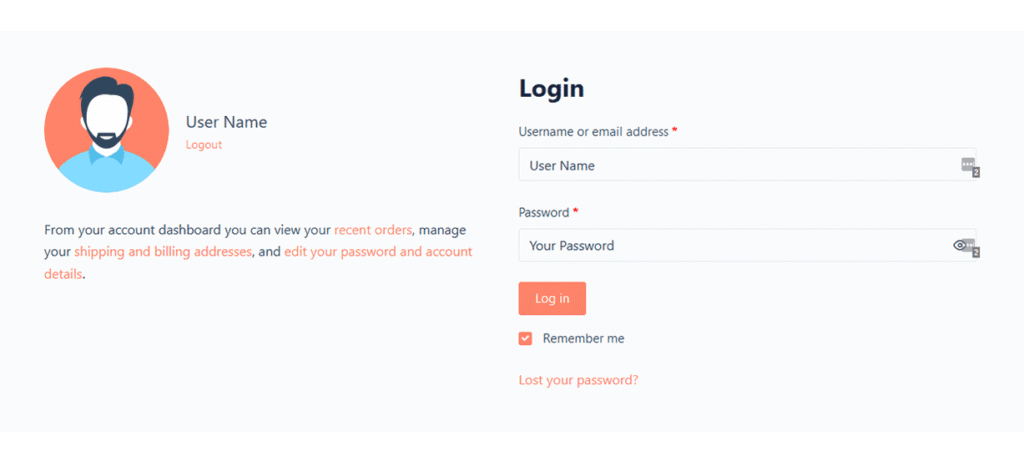Login and register page with fields for username or email address and password, including user avatar and instructions.