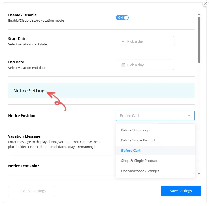 Notice Settings - Store Vacation