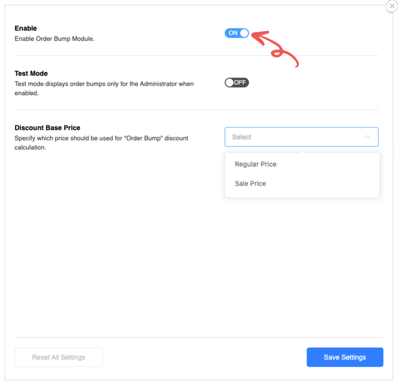 ShopLentor Order Bump module global settings panel with enable/disable toggle, test mode option, and discount base price selection