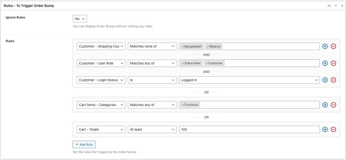 ShopLentor order bump rules configuration interface showing condition settings for targeted product upsell display
