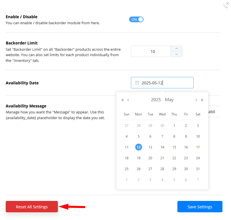 Product-Specific Settings - Backorder