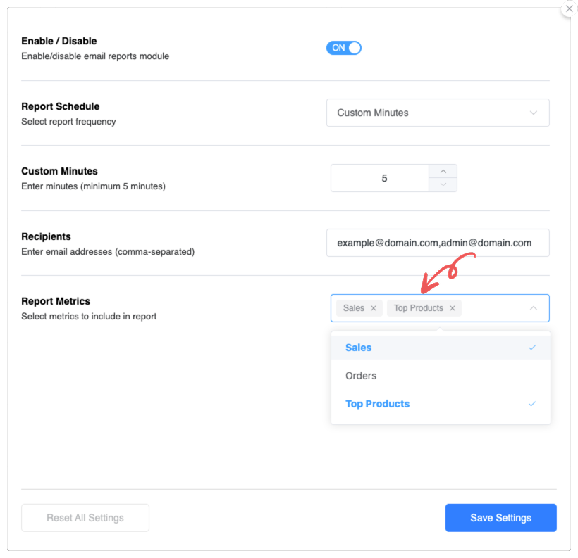 Configure Report Metrics Image - Sales Report Email