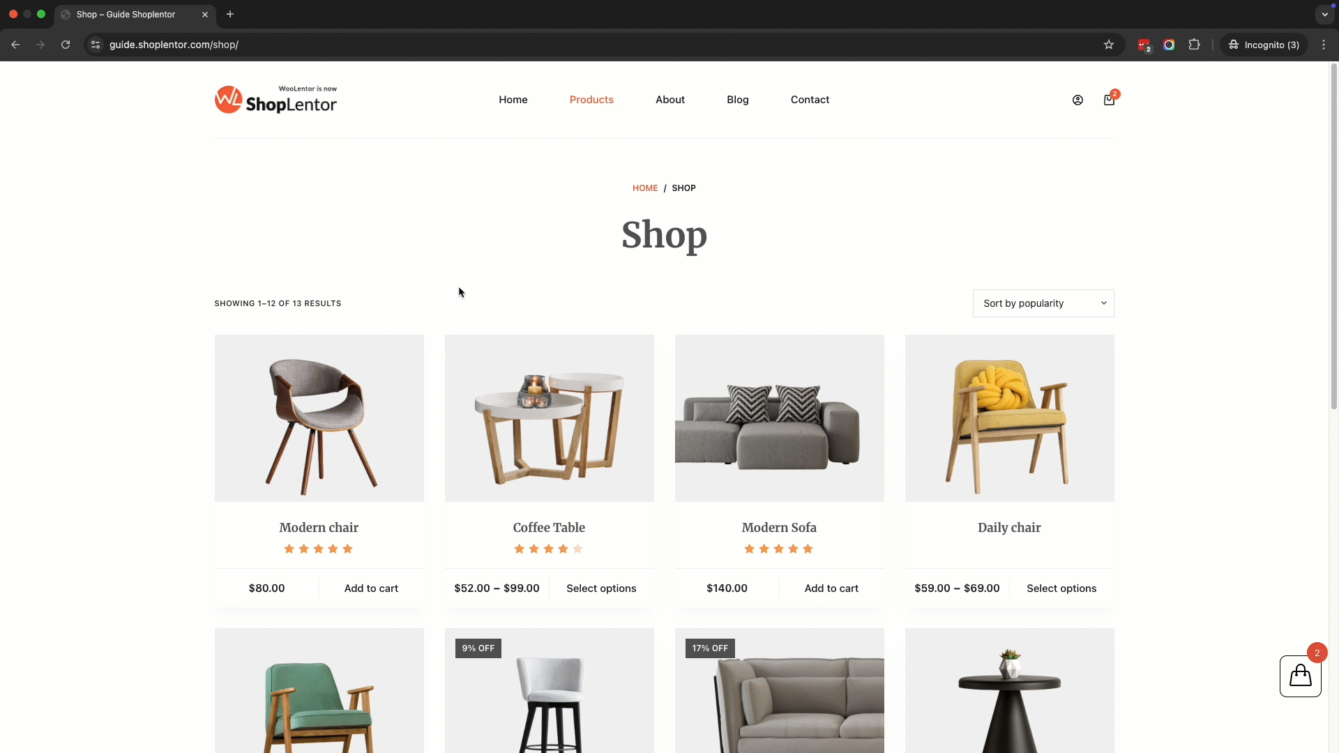 "ShopLentor Side Mini Cart module showing always-accessible floating cart sidebar with furniture items and checkout options without requiring page reload