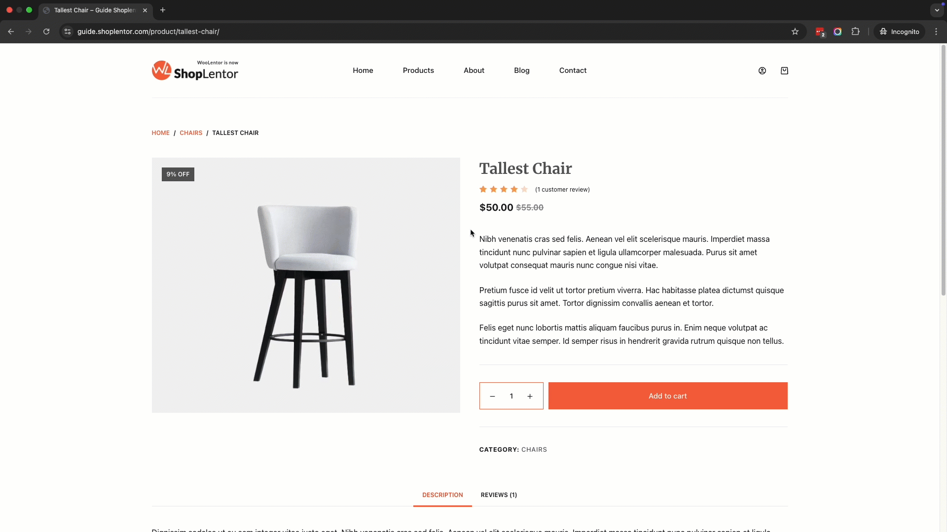 "ShopLentor AJAX Add to Cart feature demonstrated on Tallest Chair product page showing instant cart update without page reload for seamless shopping experience