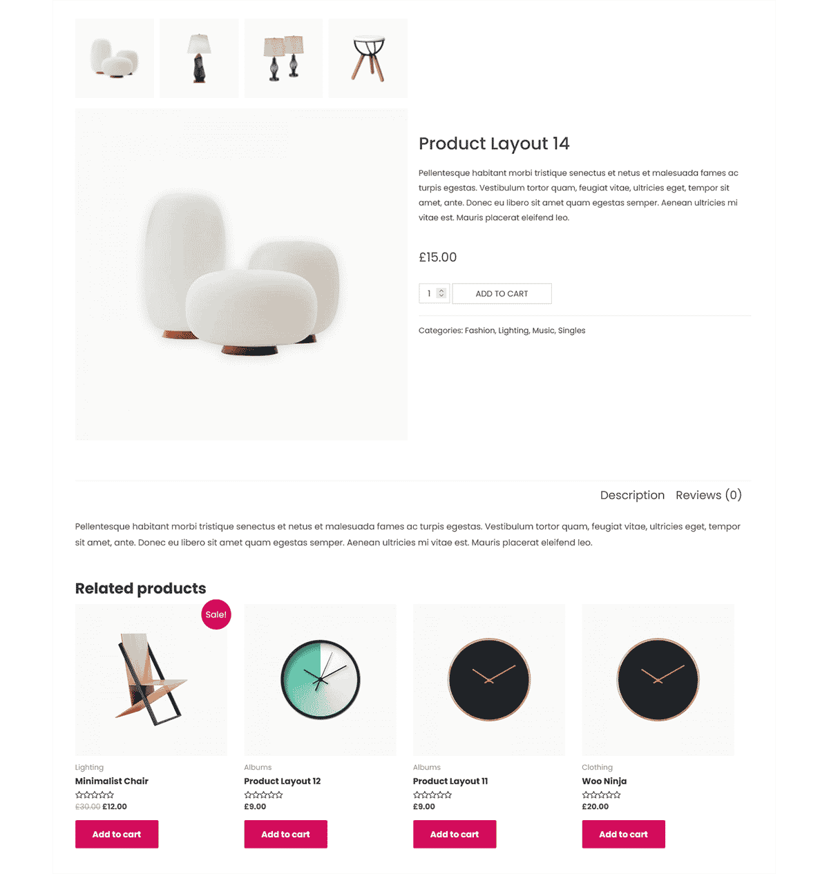 Modern product layout displaying white cushioned chairs, image thumbnails above, and a related products row with clocks and home furnishings.