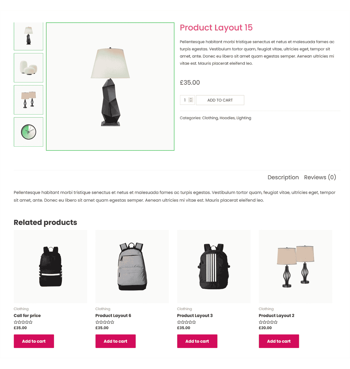 Single product page featuring a table lamp with vertical image thumbnails, detailed description and pricing, and related backpack and lighting products below.