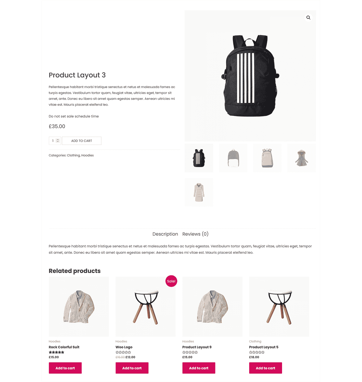 Modern product page layout showcasing a black backpack and suggested items