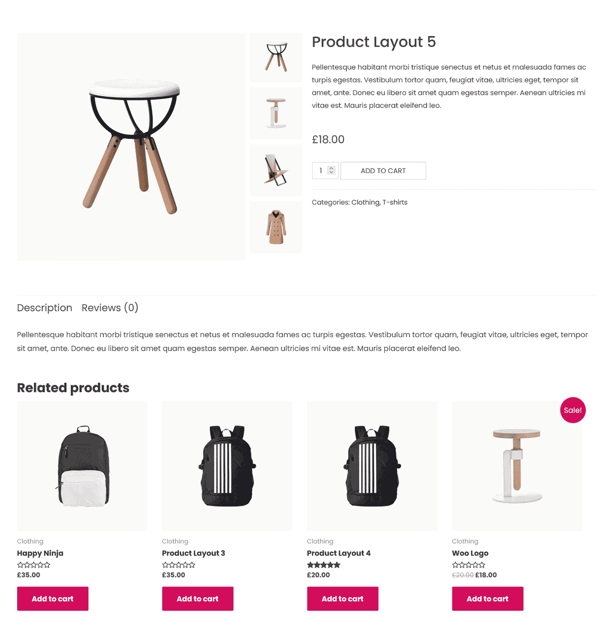 Minimal product page layout with a wooden stool and clean related product section