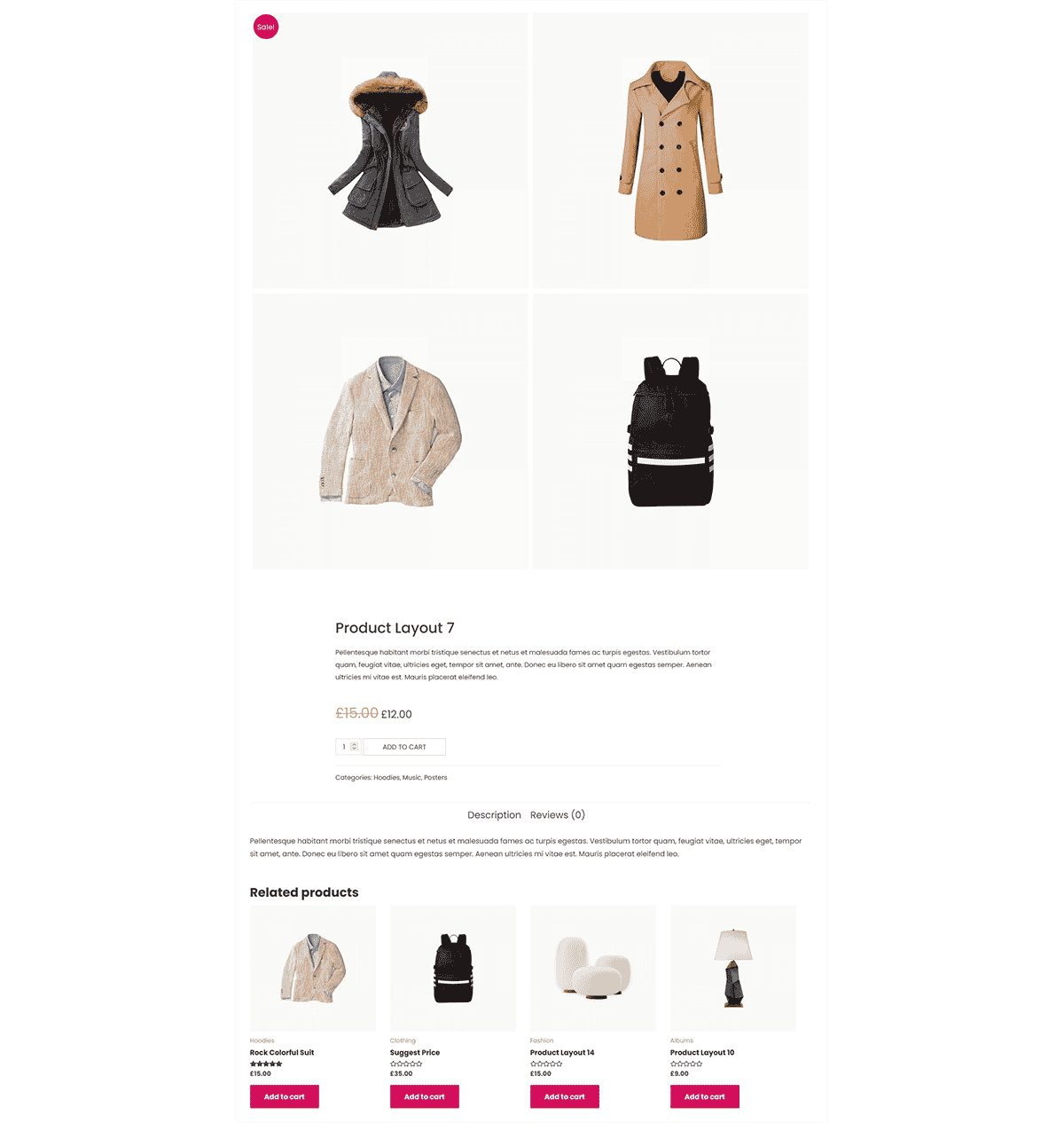Grid-style product layout showing multiple clothing items with detailed product information below