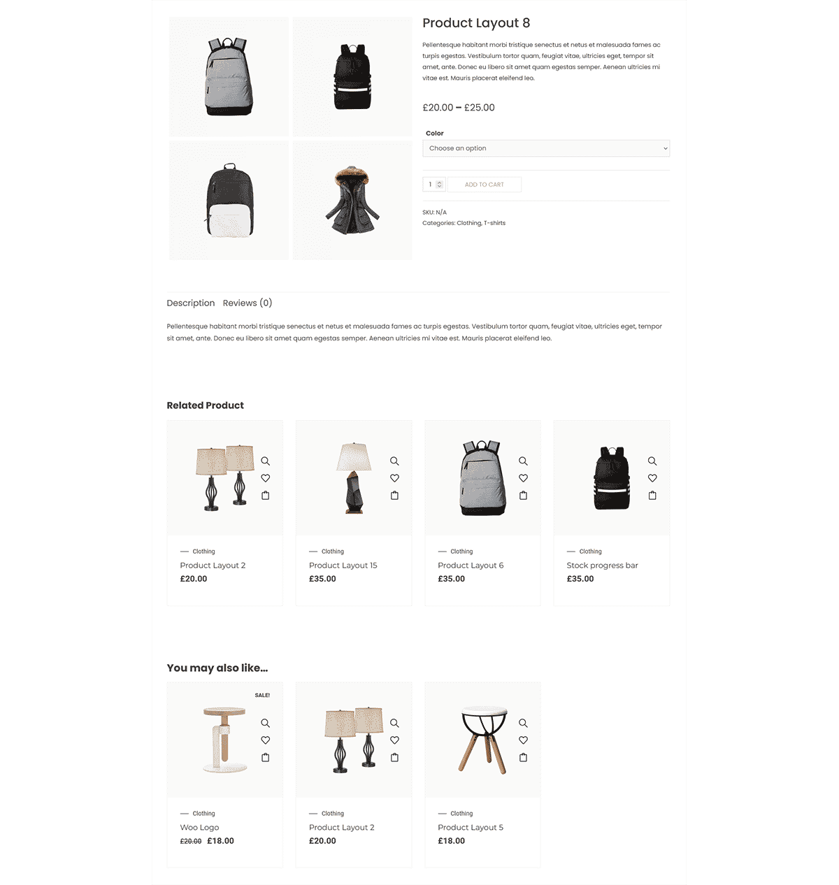 Compact single product page with item variations and a simple related products section